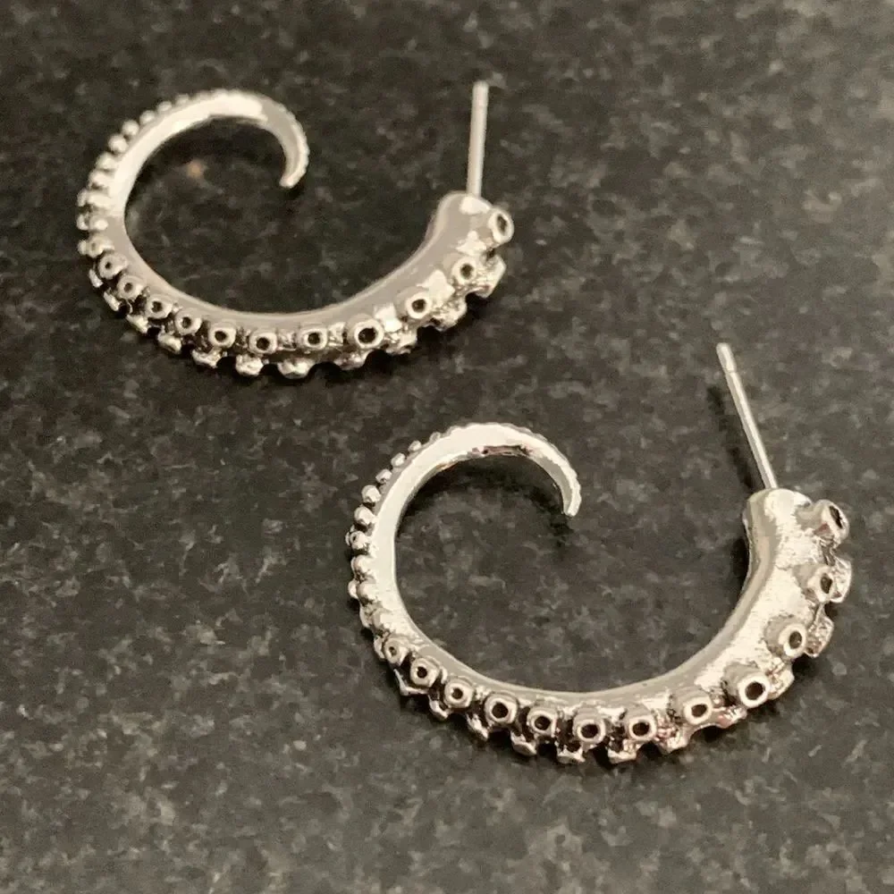 Octopus Squid Kracken Tentacle Hoop Earrings in Antique Silver Tone